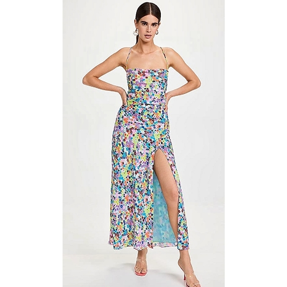 STAUD Bellamy Vibrant Ditzy Floral Lace Up Garden Party Maxi Slip Dress - Picture 15 of 15